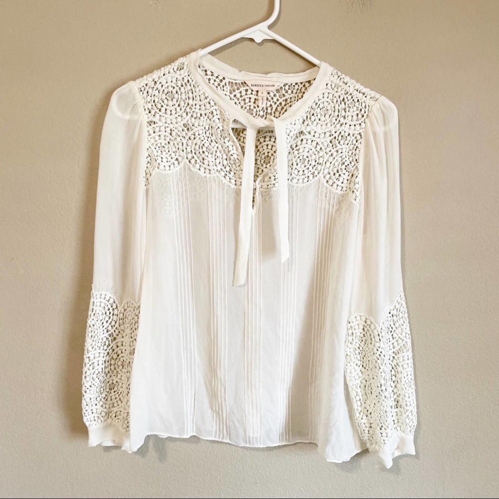 Rebecca Taylor White Silk Crochet Bow Blouse